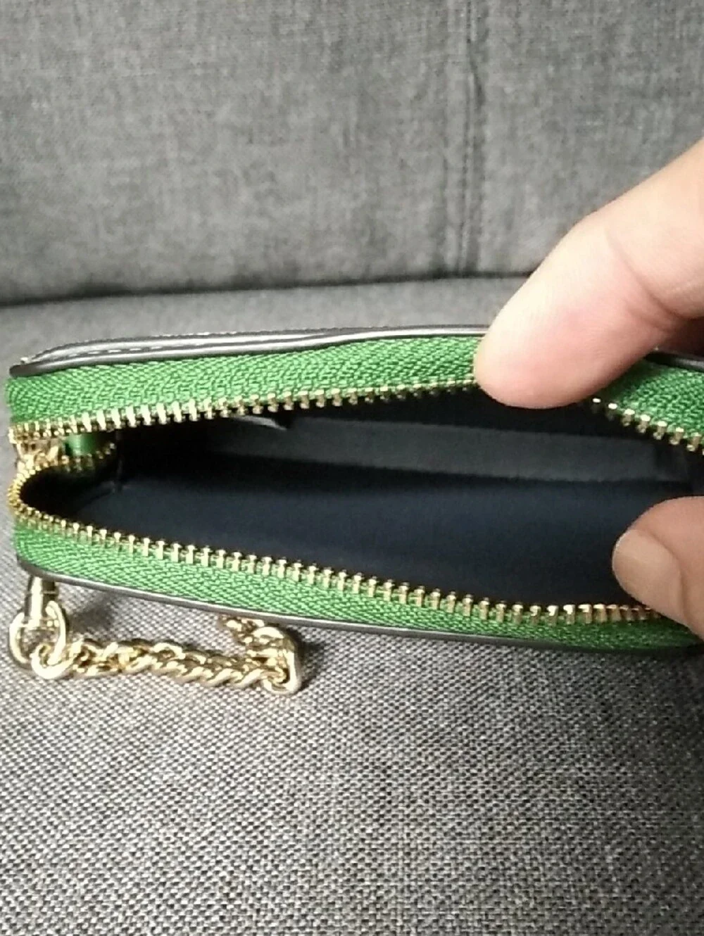 COACH Green Floral Zip Card Holder with Gold Chain Accent